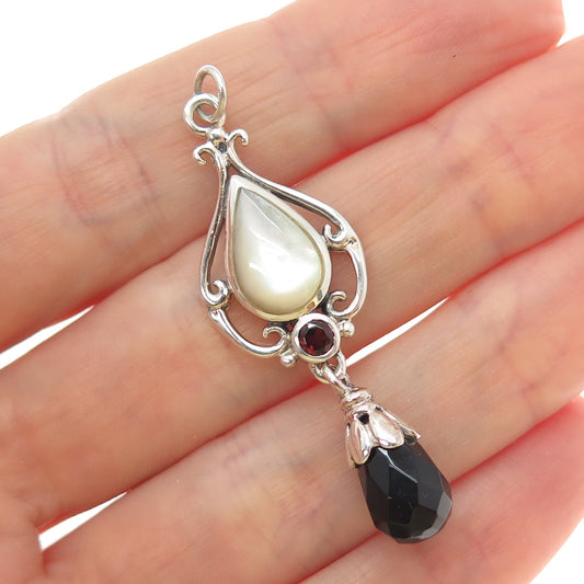 SX SALLY C Sterling Silver Vintage Real Black Onyx Red Garnet MOP Charm Pendant