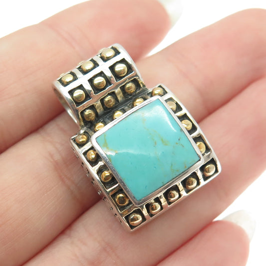 925 Sterling Silver 2-Tone Vintage Real Turquoise Granulated Slide Pendant