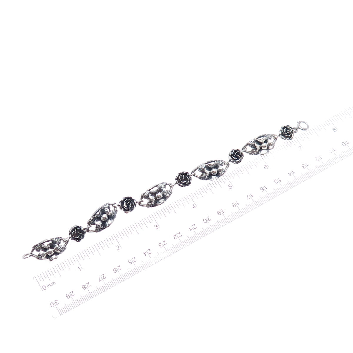 800 Silver Antique Art Deco Clover Flower Oxidized Link Bracelet 7.25"
