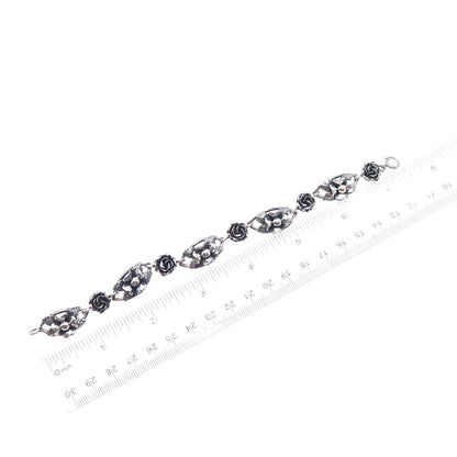 800 Silver Antique Art Deco Clover Flower Oxidized Link Bracelet 7.25"