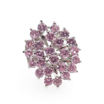 925 Sterling Silver Round-Cut Pink C Z Cluster Ring Size 5.25