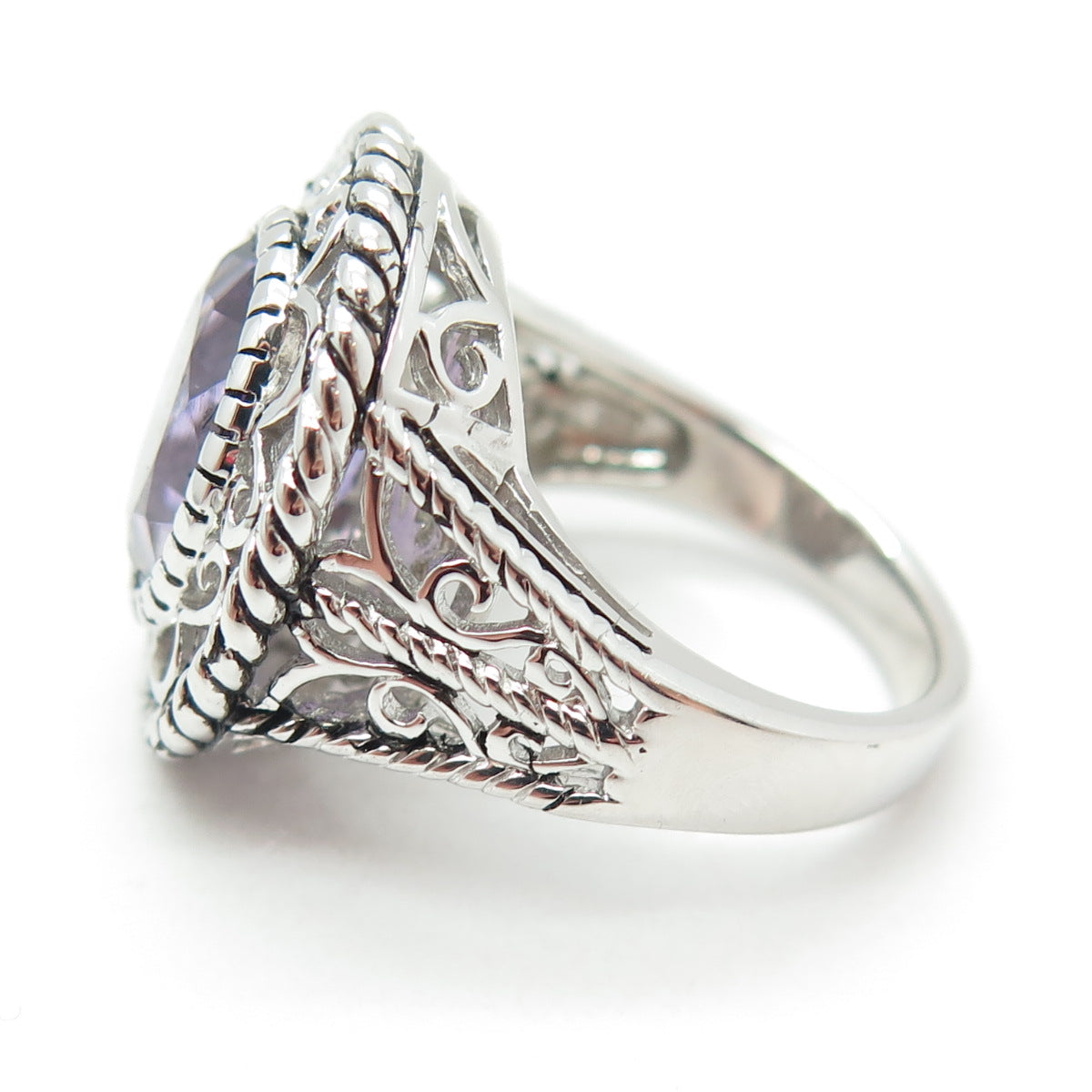 925 Sterling Silver Real Checkered Amethyst Gem Swirl Twisted Ring Size 7
