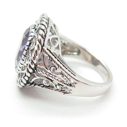 925 Sterling Silver Real Checkered Amethyst Gem Swirl Twisted Ring Size 7