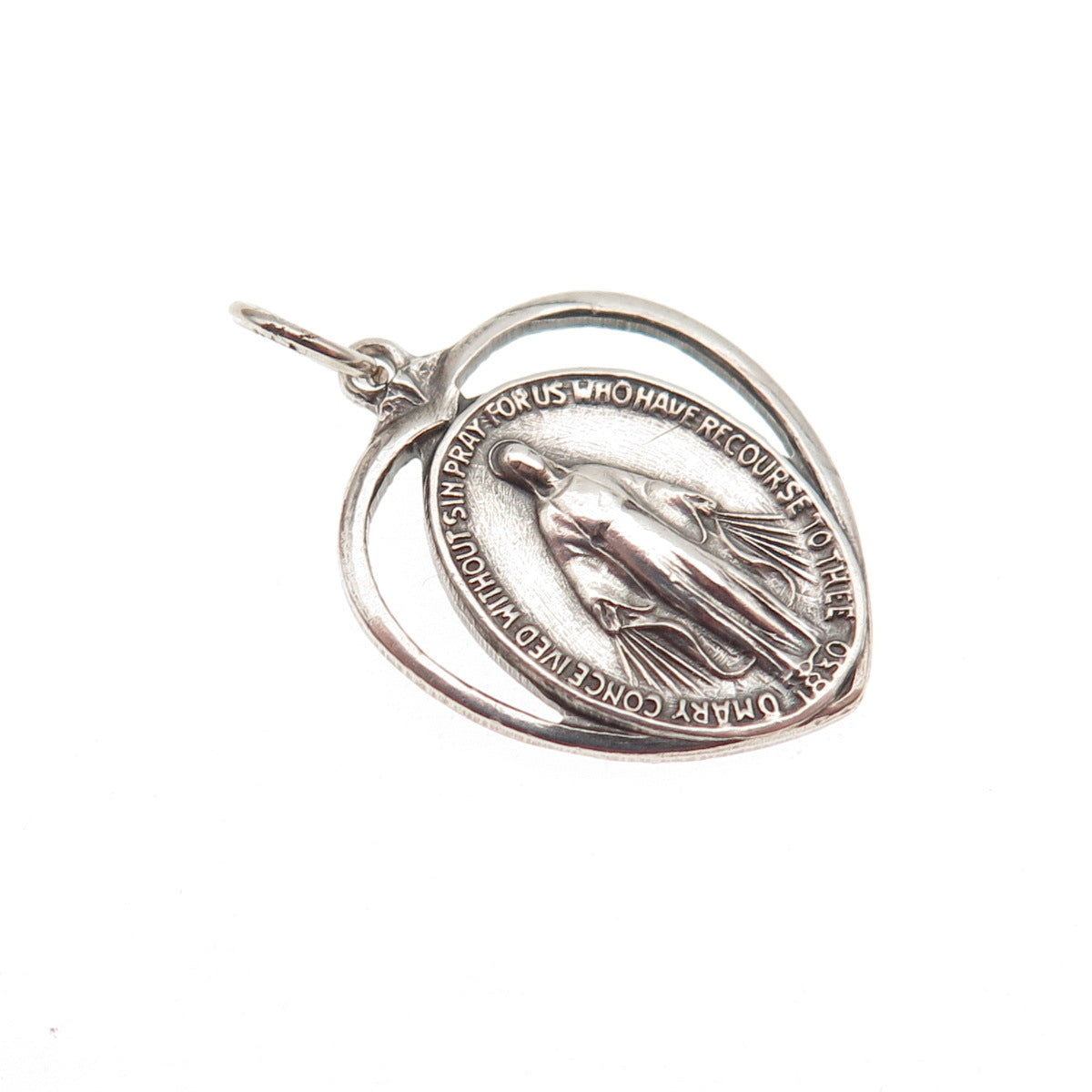 925 Sterling Silver Antique Art Deco St. Mary Heart Oxidized Mini Charm Pendant