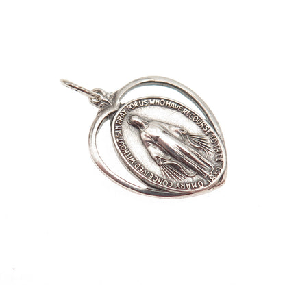 925 Sterling Silver Antique Art Deco St. Mary Heart Oxidized Mini Charm Pendant