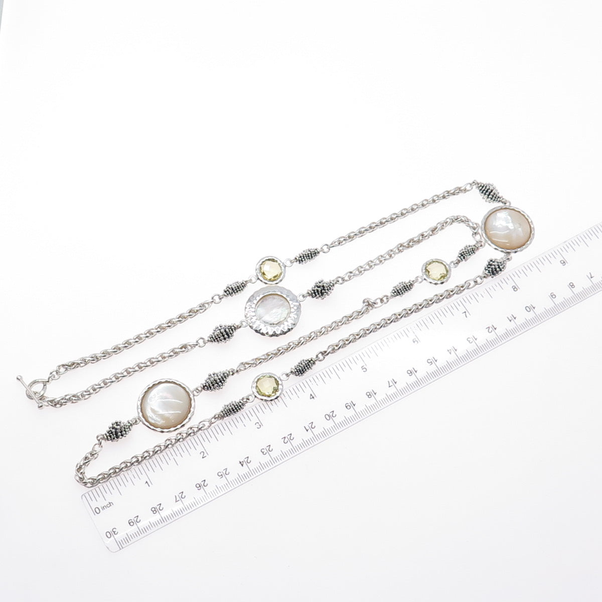 Michael Dawkins Sterling Silver Real MOP & Lemon Quartz Granulated Necklace 36"