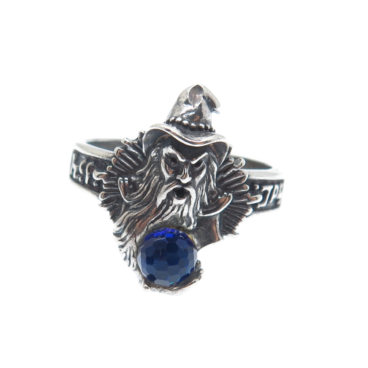 SHUBE 925 Sterling Silver Vintage Blue Glass Wizard Oxidized Ring Size 11.75
