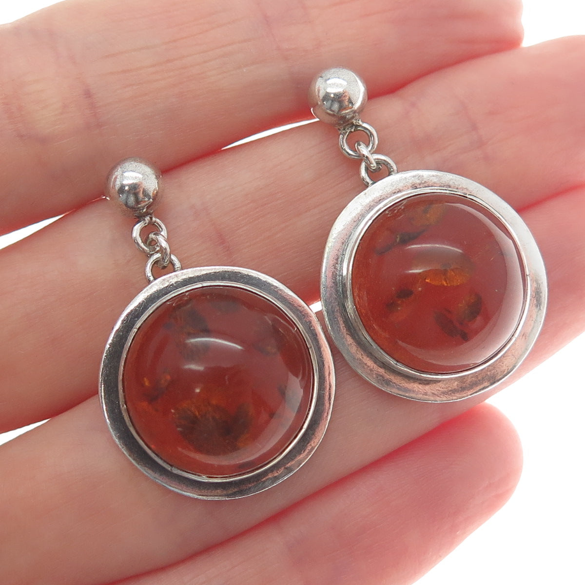 925 Sterling Silver Vintage Real Baltic Amber Modernist Dangle Earrings