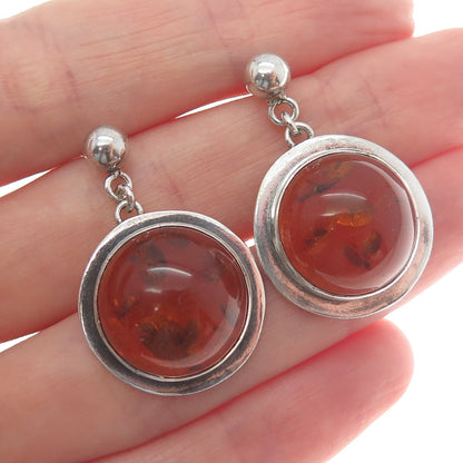 925 Sterling Silver Vintage Real Baltic Amber Modernist Dangle Earrings