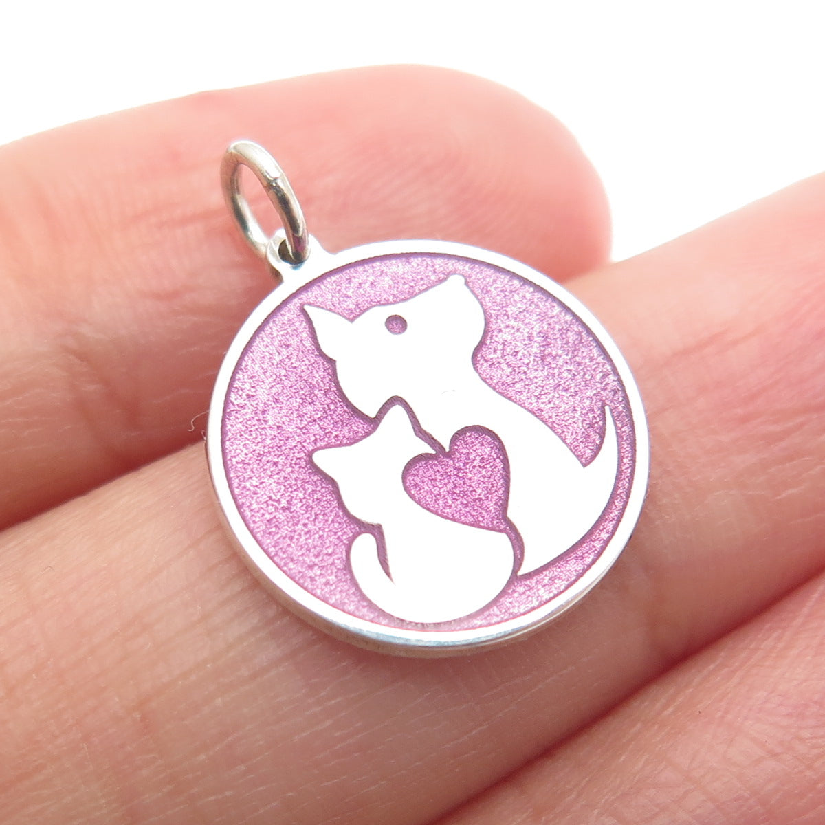 925 Sterling Silver Purple Enamel Cat & Dog Friendship Minimalist Charm Pendant