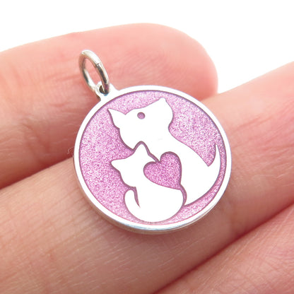 925 Sterling Silver Purple Enamel Cat & Dog Friendship Minimalist Charm Pendant