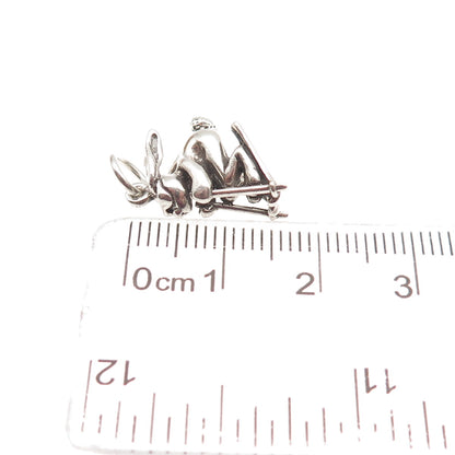 925 Sterling Silver Vintage Ski Bunny Oxidized 3D Mini Charm Pendant