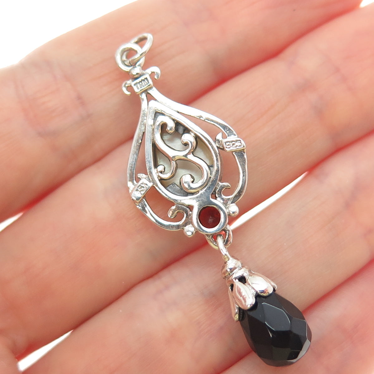 SX SALLY C Sterling Silver Vintage Real Black Onyx Red Garnet MOP Charm Pendant