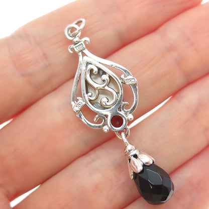 SX SALLY C Sterling Silver Vintage Real Black Onyx Red Garnet MOP Charm Pendant