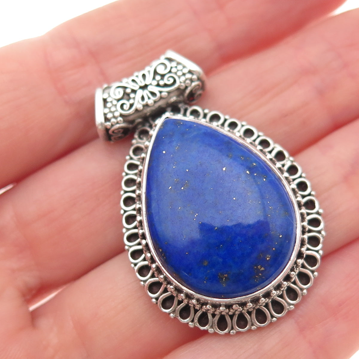 925 Sterling Silver Vintage Real Lapis Swirl Teardrop Oxidized Slide Pendant
