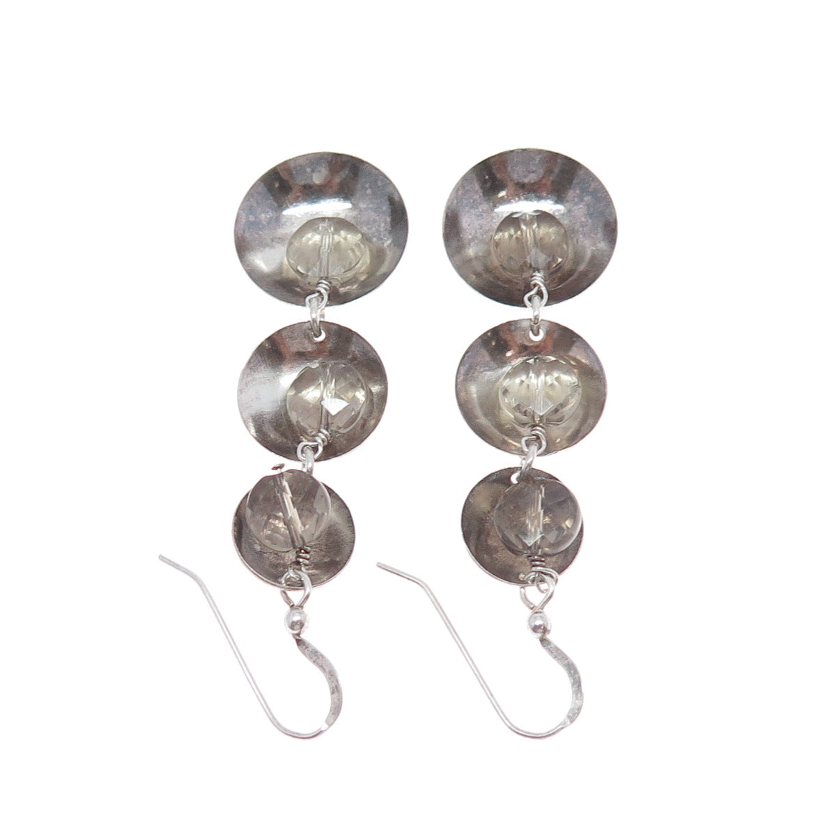 925 Sterling Silver Vintage Real Clear Quartz Modernist Oxidized Dangle Earrings