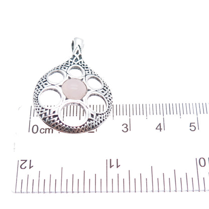 AICC 925 Sterling Silver Vintage Real Rose Quartz Modernist Disc Charm Pendant