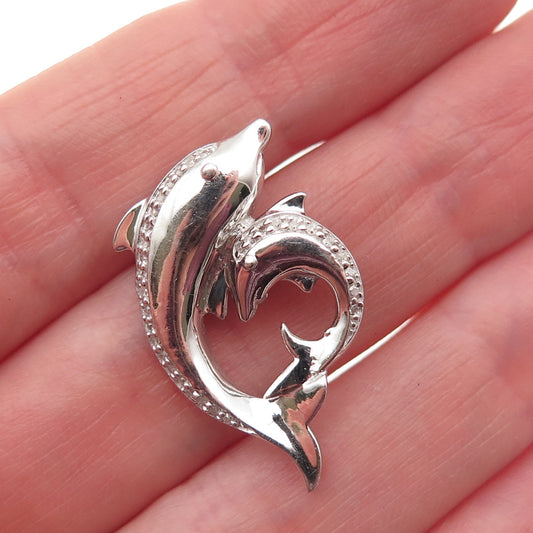 925 Sterling Silver Real Diamond Mom & Child Dolphin Slide Charm Pendant