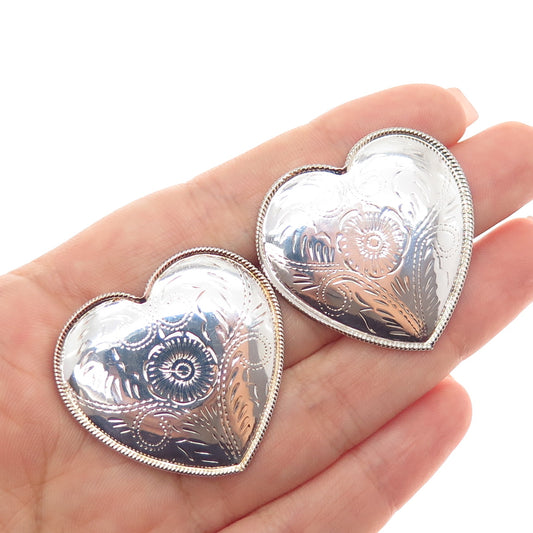 925 Sterling Silver 2-Tone Vintage Engraved Flower Heart Earrings