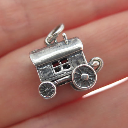 925 Sterling Silver Vintage Travel Wagon Oxidized Minimalist 3D Charm Pendant