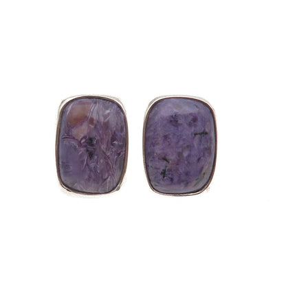 925 Sterling Silver Vintage Real Cabochon Charoite Modernist Earrings