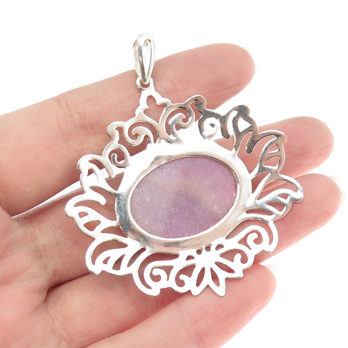 925 Sterling Silver Real Pink Sapphire Gemstone Ornate Pendant