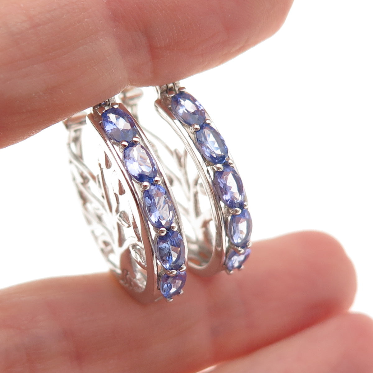 Chuck Clemency 925 Sterling Silver Real Oval-Cut Tanzanite Tree of Life Earrings