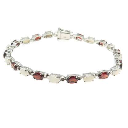 925 Sterling Silver Real Oval-Cut Opal & Red Garnet Bracelet 7.5"