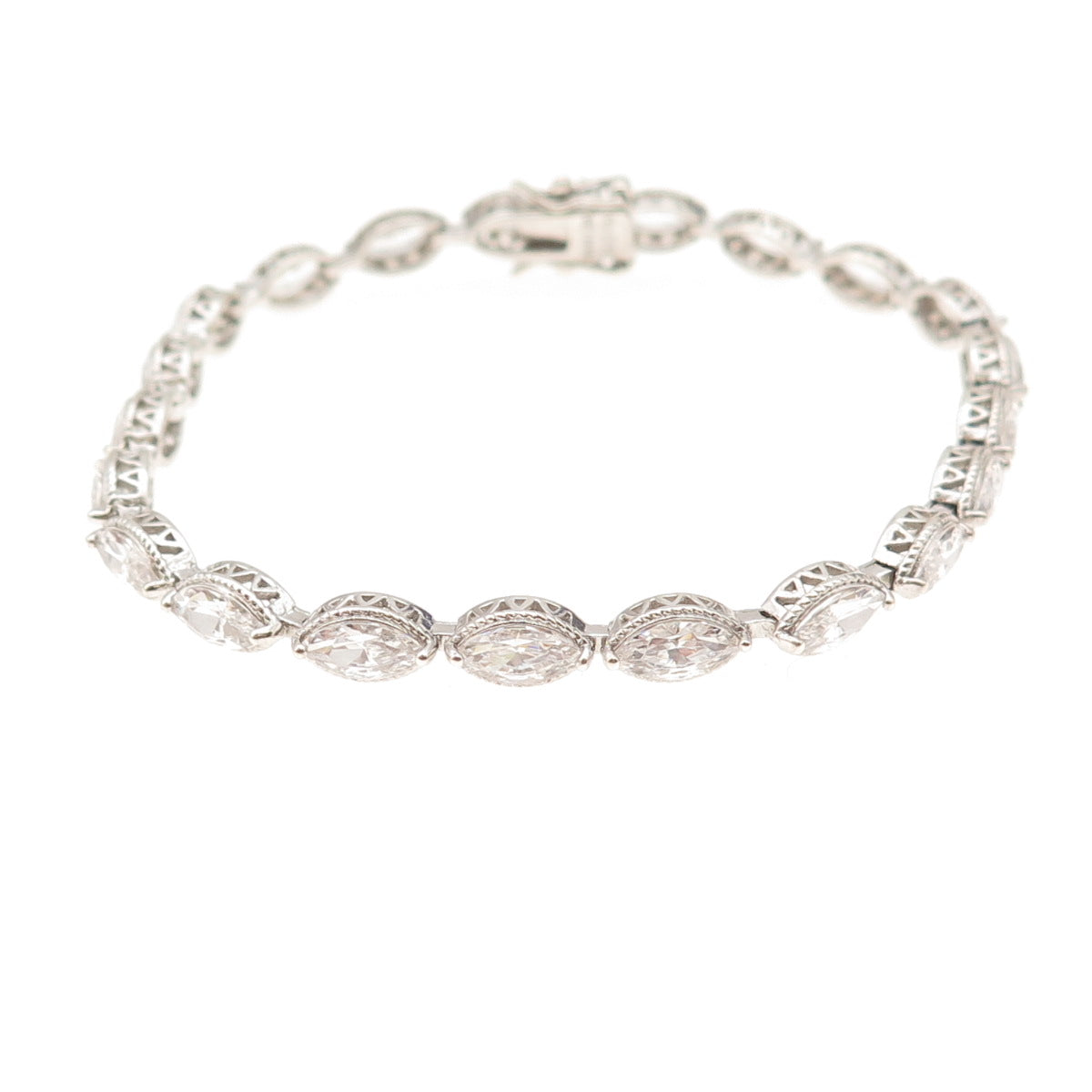 925 Sterling Silver Marquise-Cut C Z Link Bracelet 7"