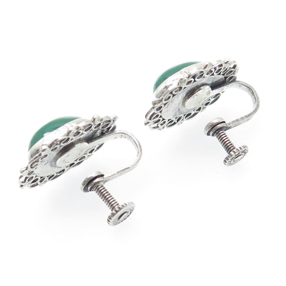 925 Sterling Silver Vintage Mexico Real Green Onyx Floral Screw Back Earrings