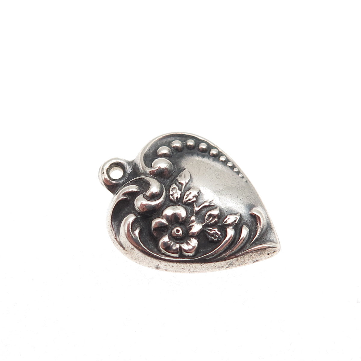 925 Sterling Antique Art Deco Engraved Chatelaine Heart Oxidized Mini Pendant