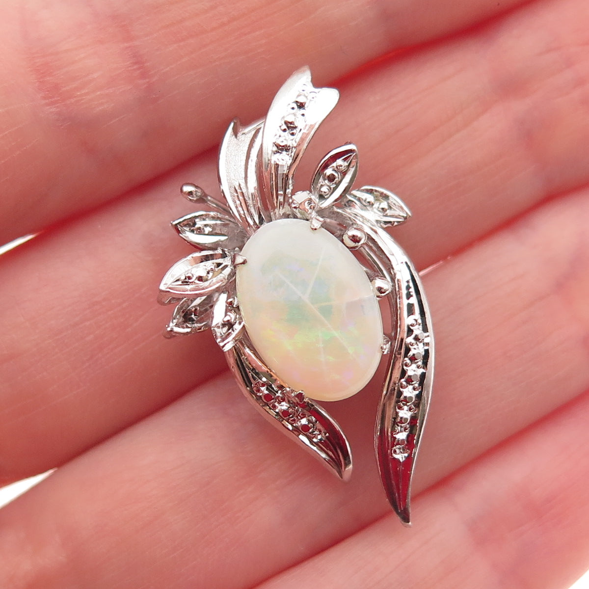 925 Sterling Silver Vintage Real Opal Floral Slide Charm Pendant