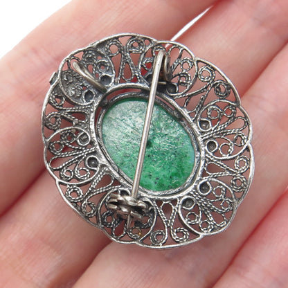 925 Sterling Silver Vintage Faux Turquoise Filigree Oxidized Pin Brooch Pendant