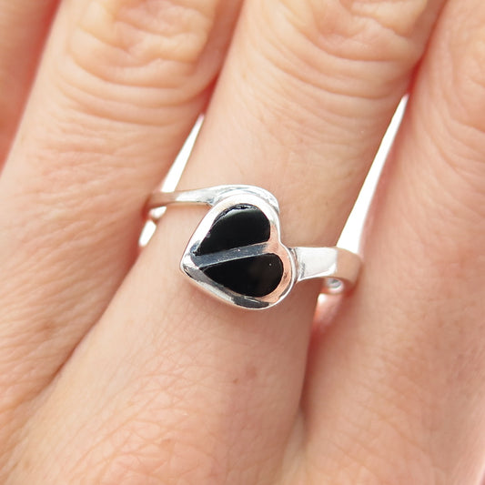 925 Sterling Silver Vintage Real Black Onyx Modernist Heart Ring Size 8