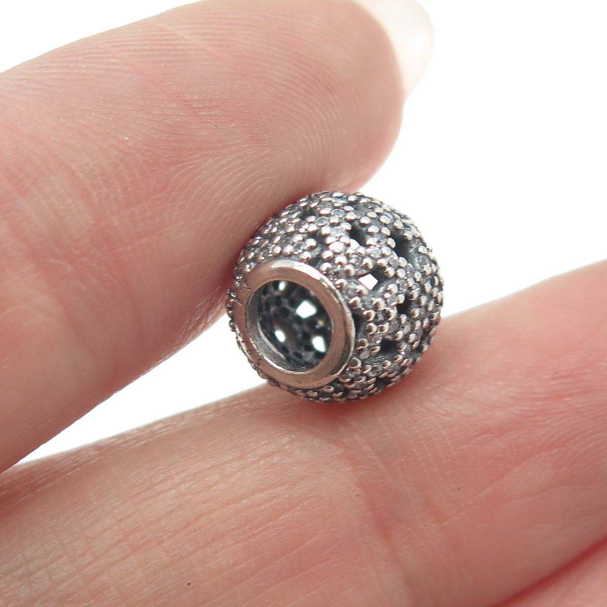 PANDORA 925 Sterling Silver Round-Cut C Z Shimmering Lace Bead Charm