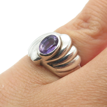 925 Sterling Silver Vintage Real Amethyst Gemstone Ribbed Ring Size 5.25