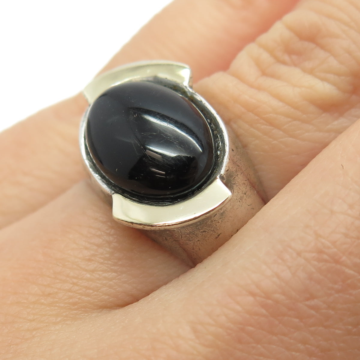 925 Sterling Silver 2-Tone Vintage Real Black Onyx Gemstone Ring Size 7