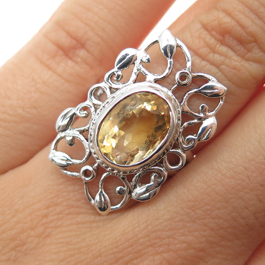925 Sterling Silver Vintage Real Oval-Cut Citrine Floral Swirl Ring Size 4.5