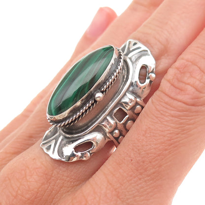 925 Sterling Vintage Mexico Real Malachite Adjustable Poison Ring Size 8.75