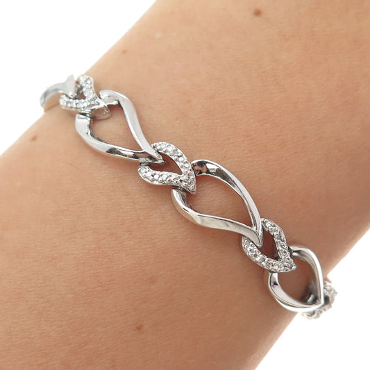 SUN 925 Sterling Silver Real Round-Cut Diamond Heart Link Bracelet 6.25"