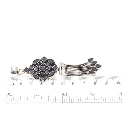 925 Sterling Silver Vintage Real Iolite Modernist Tassel Oxidized Pendant