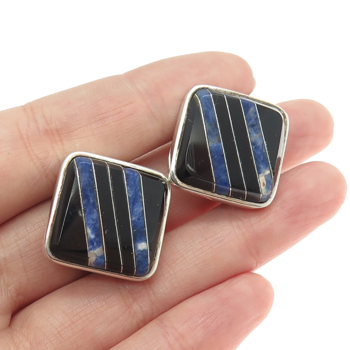 925 Sterling Silver Vintage Mexico Real Sodalite & Black Onyx Clip On Earrings