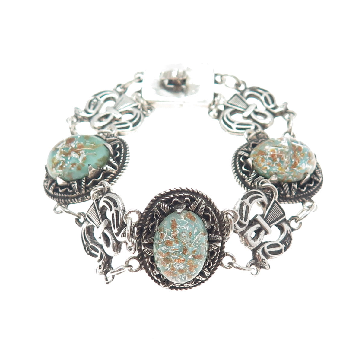 800 Silver Antique Egypt Roman Glass Ankh Link Oxidized Bracelet 6.25"