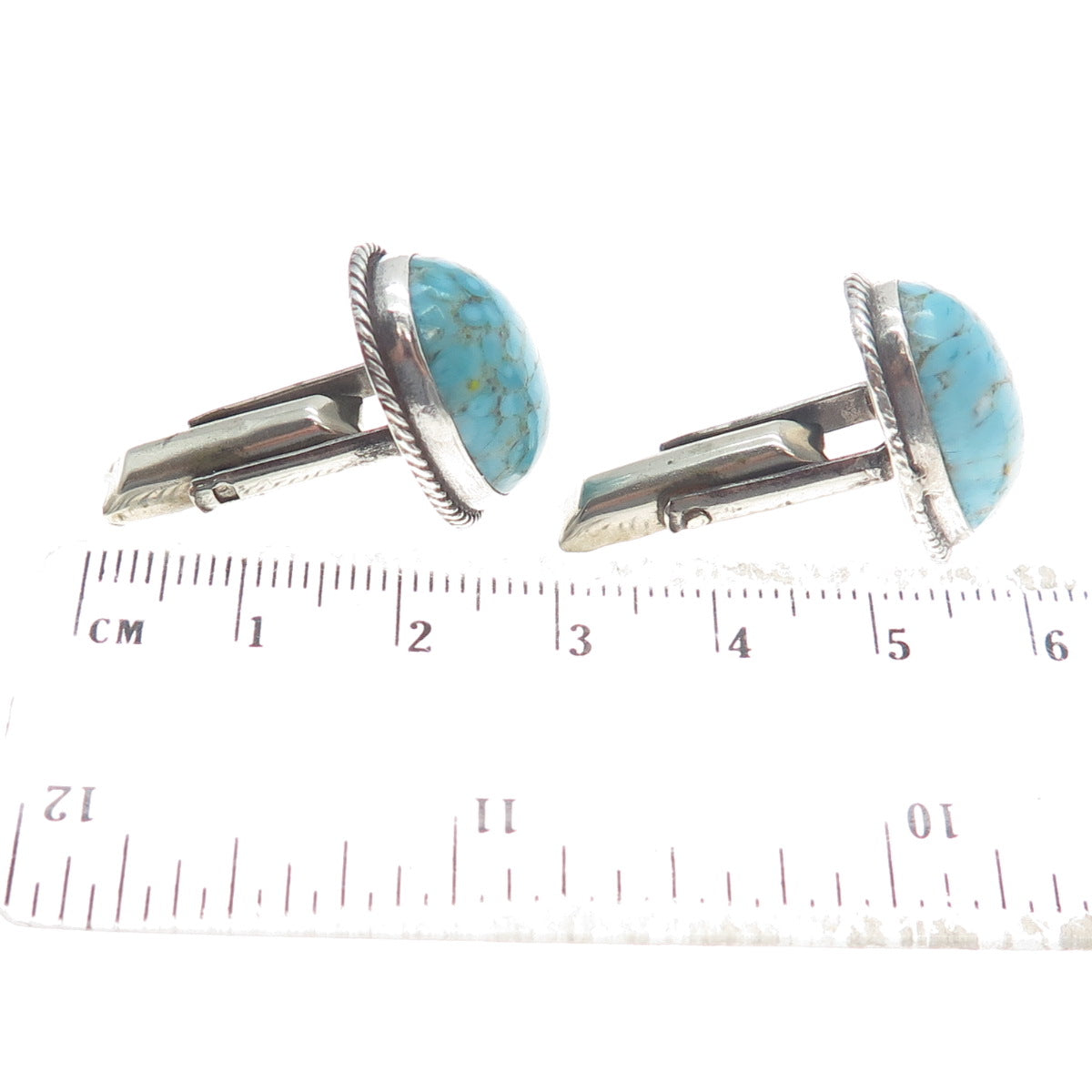 925 Sterling Silver Vintage Mexico Faux Turquoise Oxidized Cufflinks
