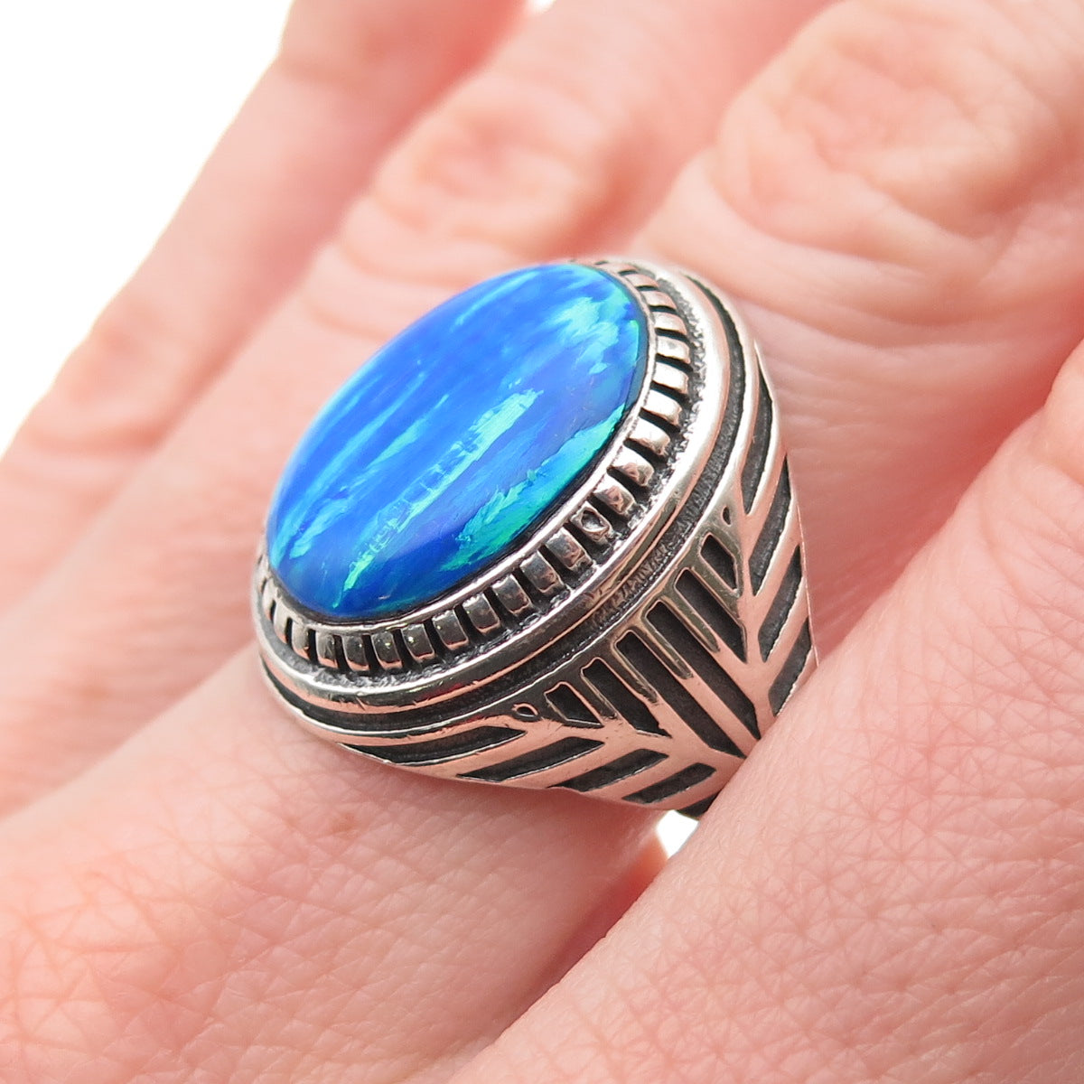 950 Silver Vintage Real Opal Oxidized Ring Size 9.5