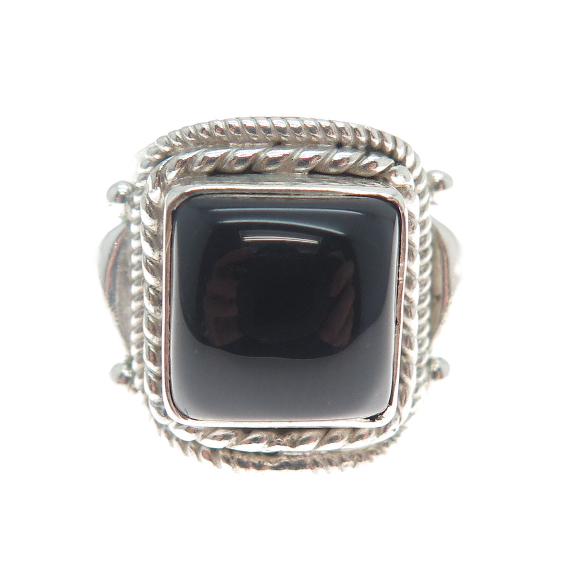 925 Sterling Silver Vintage Real Black Onyx Roped Bezel Oxidized Ring Size 7.25