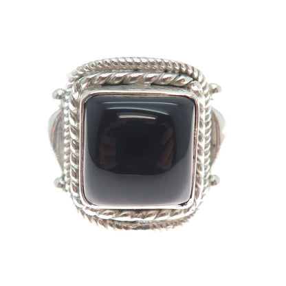 925 Sterling Silver Vintage Real Black Onyx Roped Bezel Oxidized Ring Size 7.25