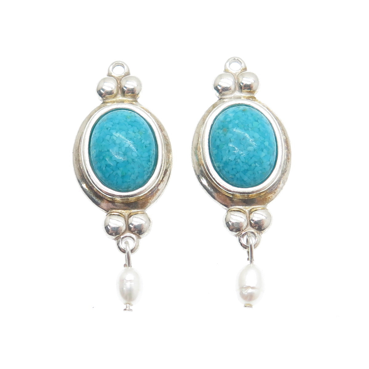 COLEMAN CO. Sterling Silver Vintage Real Turquoise Inlay & Pearl Jacket Earrings