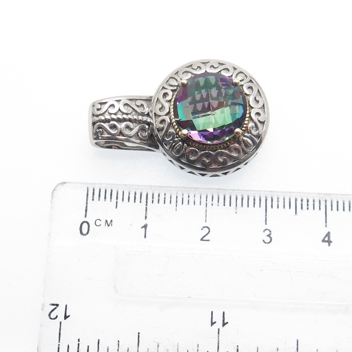 925 Sterling Silver & 14K Gold Real Round-Cut Mystic Topaz Ornate Pendant