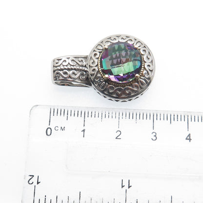 925 Sterling Silver & 14K Gold Real Round-Cut Mystic Topaz Ornate Pendant